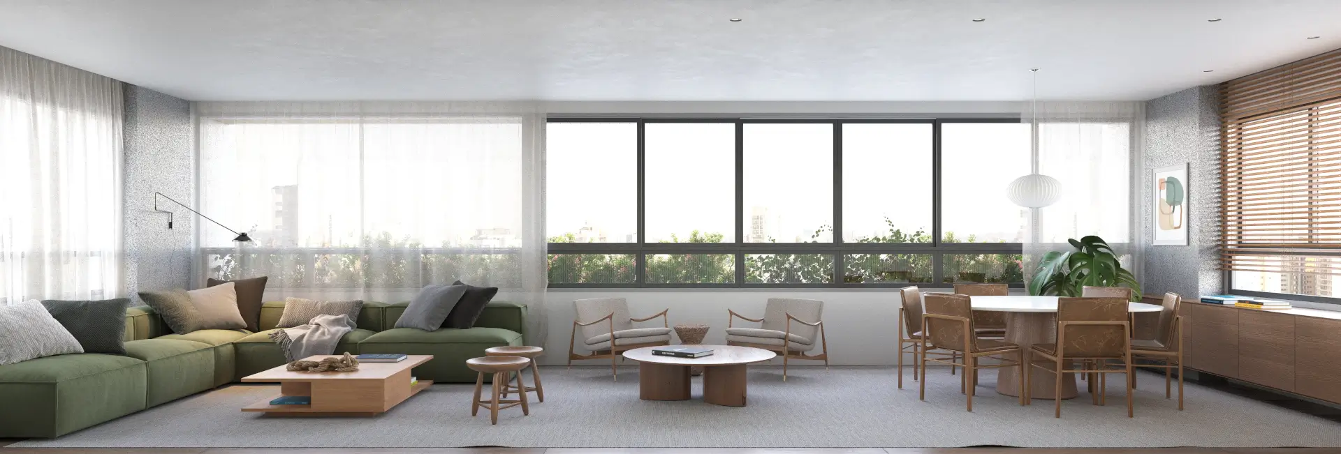 Sala de estar, jantar e cozinha integradas